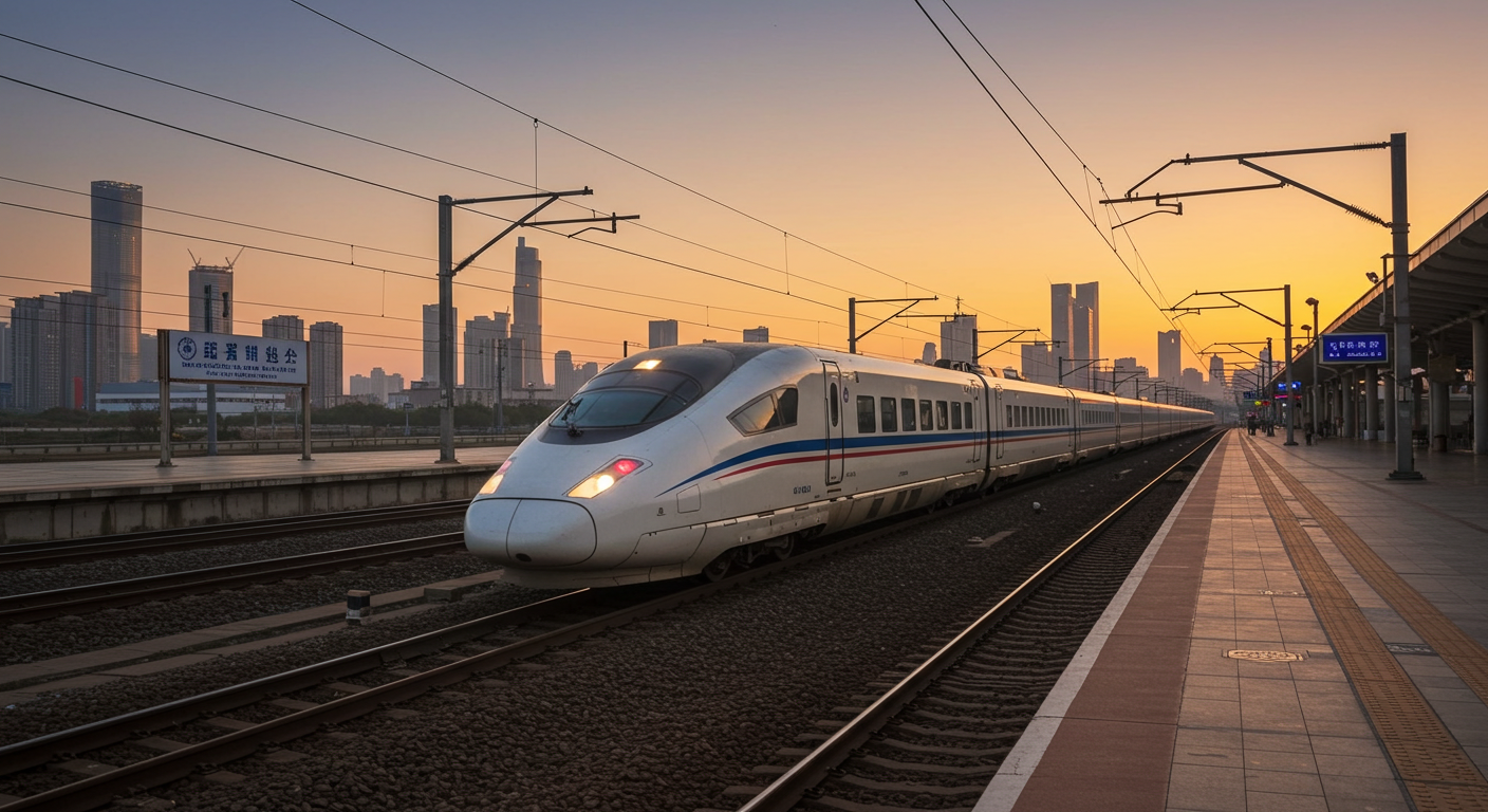 Сцена высокоскоростной железной дороги Пекин-Шанхай с современным поездом и пассажирами