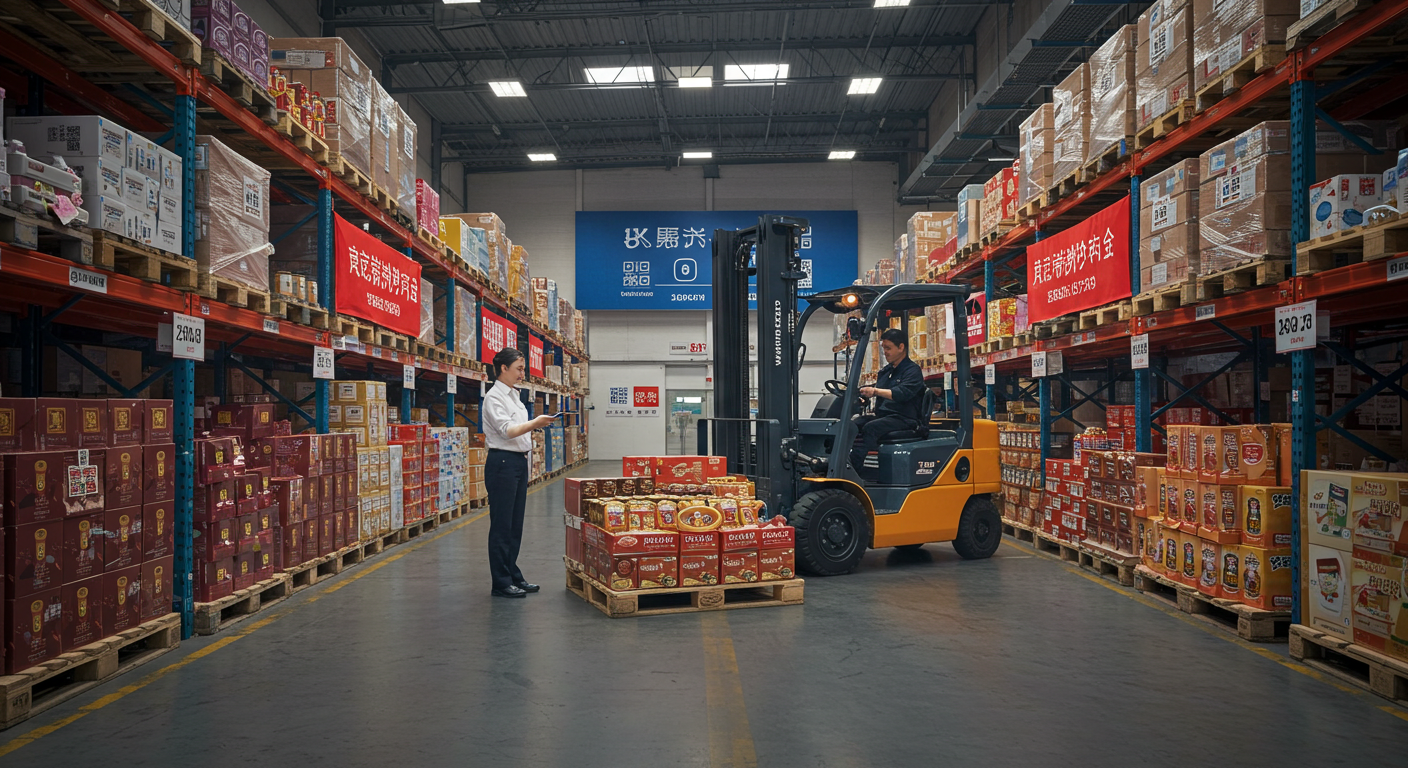 Супермаркет в Китае с русскими продуктами, такими как шоколад и мед на полках