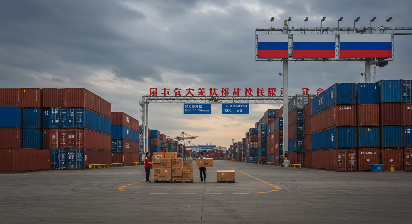 Торговая сцена с грузовиками и складскими воротами в индустриальной зоне с китайскими элементами