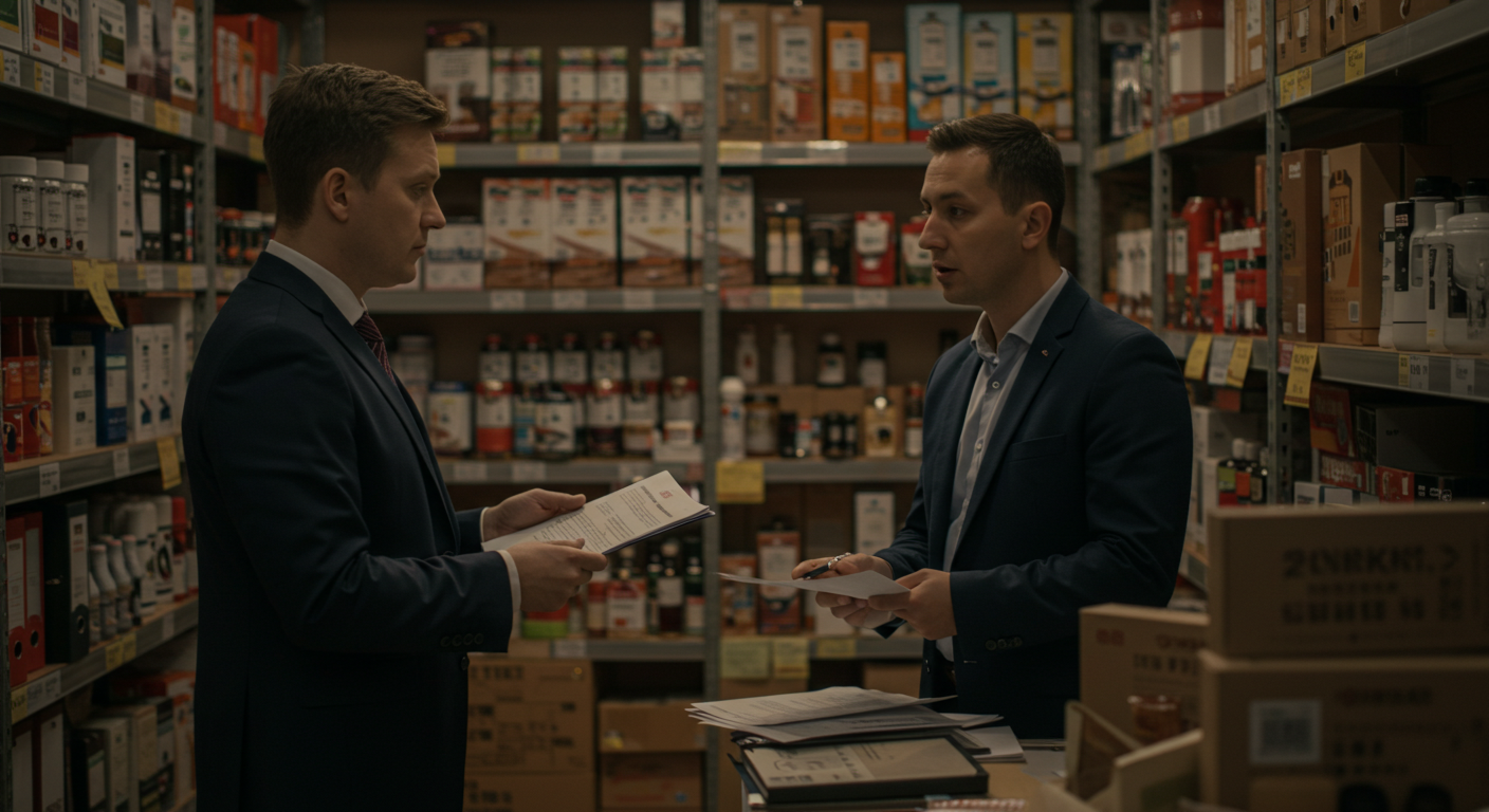 Торговая зона с выставленными товарами для маркетплейсов и китайскими баннерами на витринах