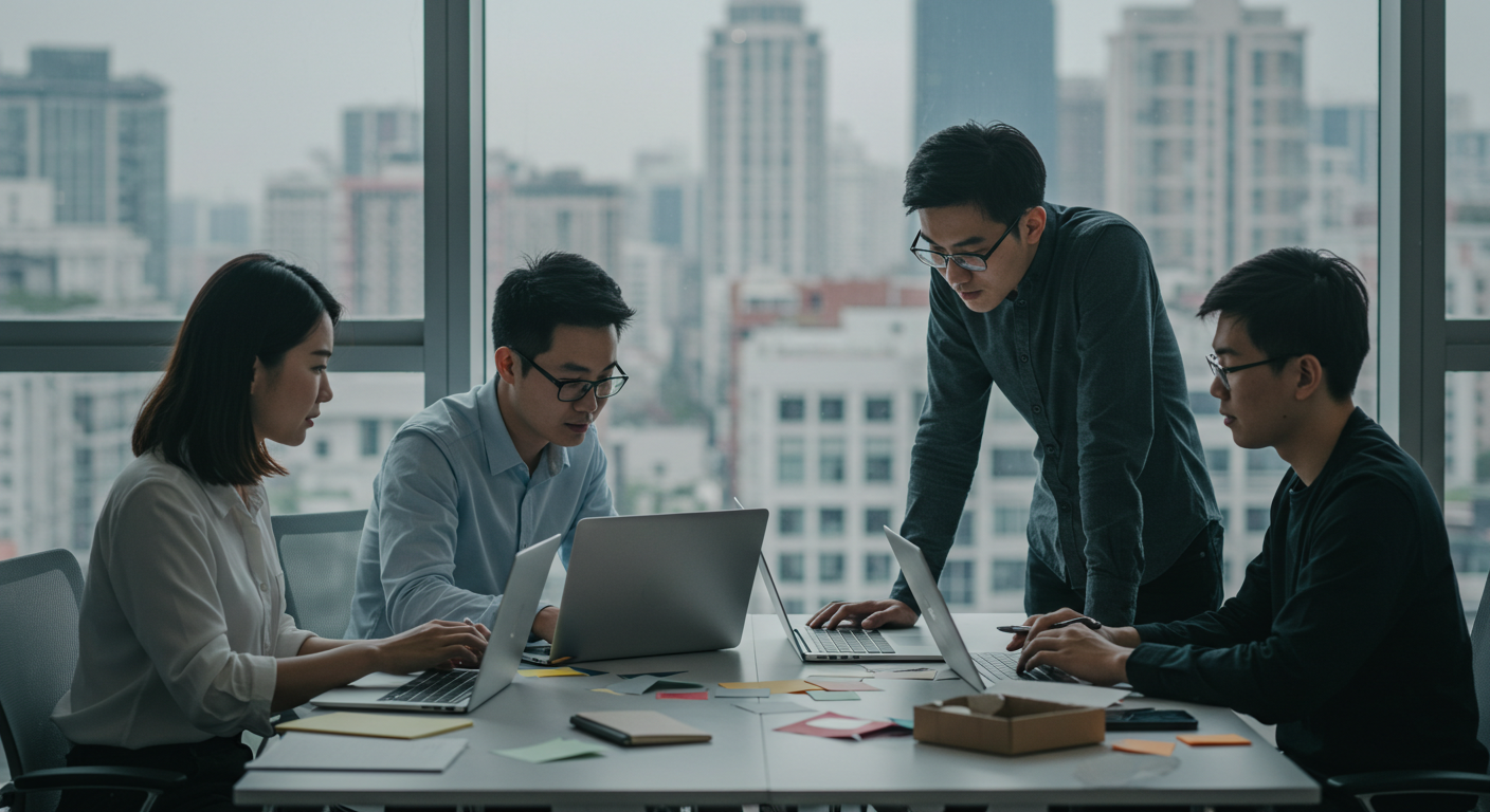 Торговый район Шанхая, люди смотрят электронику, яркие рекламные вывески