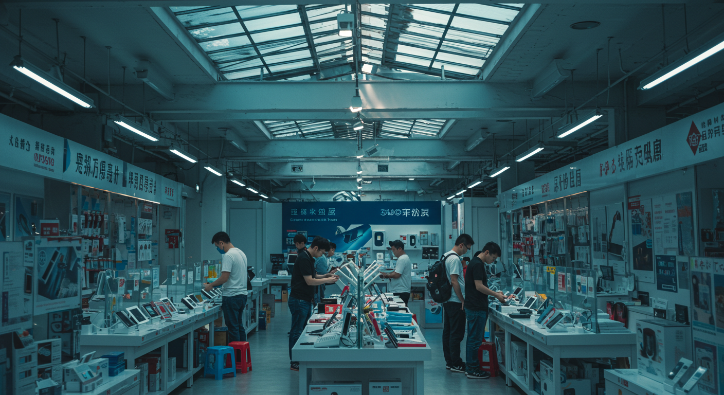 Центр экспорта китайской электроники с контейнерами и грузовиками на фоне города