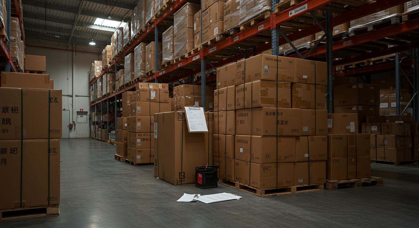 Центр экспорта в Китае с грузовиками и рекламными баннерами логистики