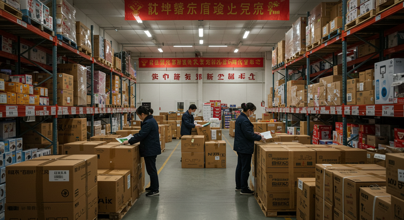 Центр упаковки товаров в Китае с работниками и готовыми посылками для экспорта