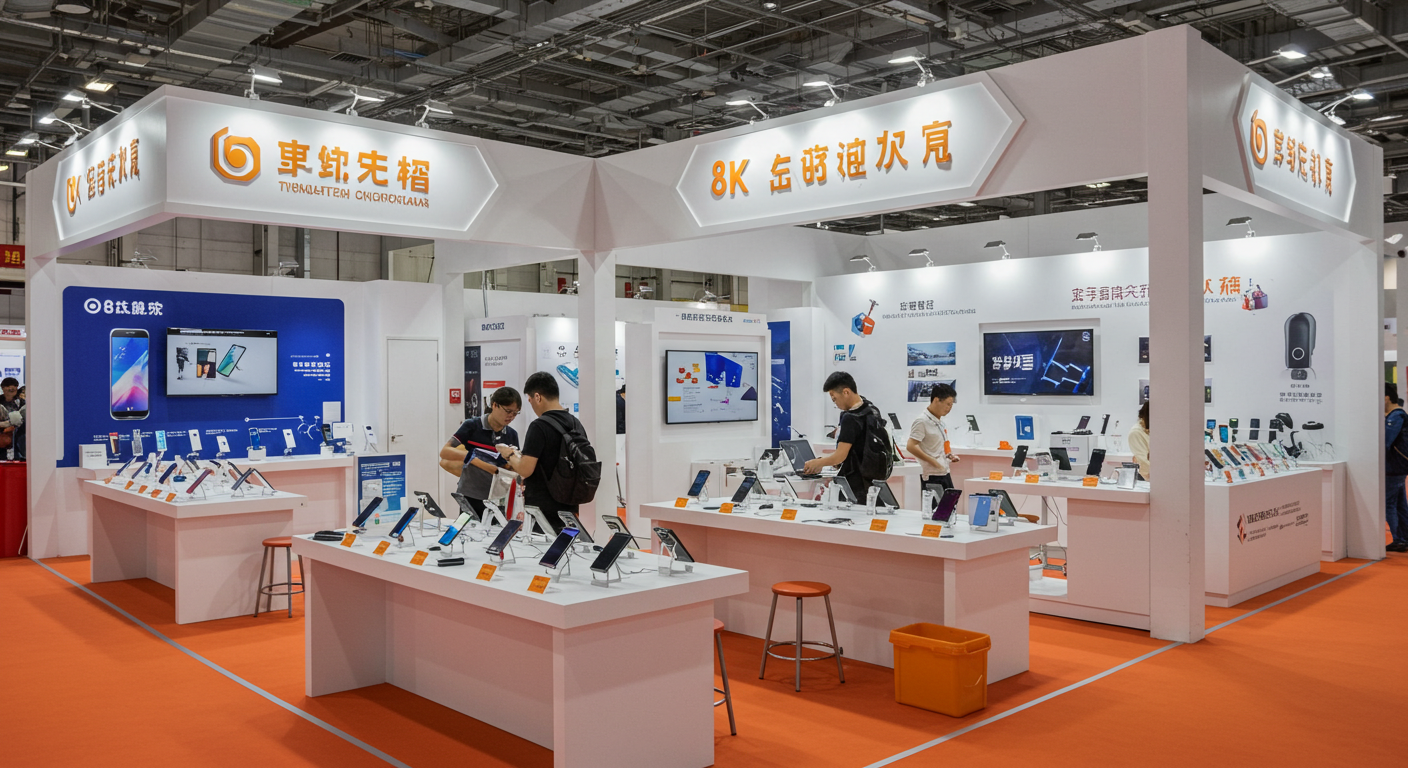 Улица Huaqiangbei, многолюдный рынок электроники с яркими рекламными вывесками.