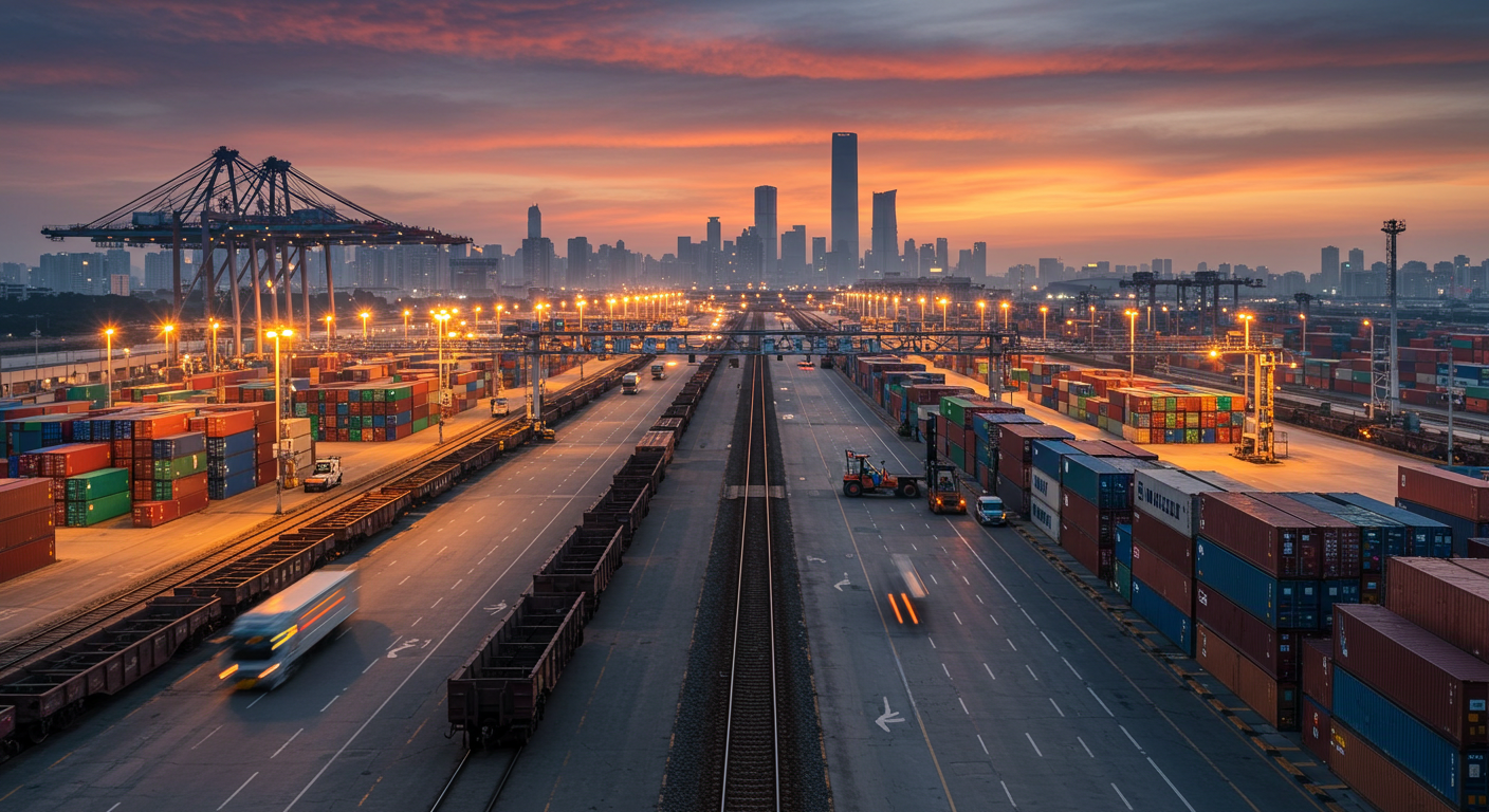 Улица в китайском экспортном городе, офис логистики и фургоны с грузами