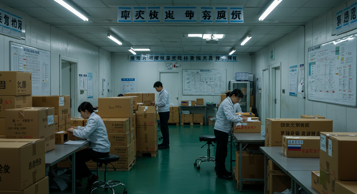 Уличная сцена китайского рынка электроники с яркими товарами и упаковкой