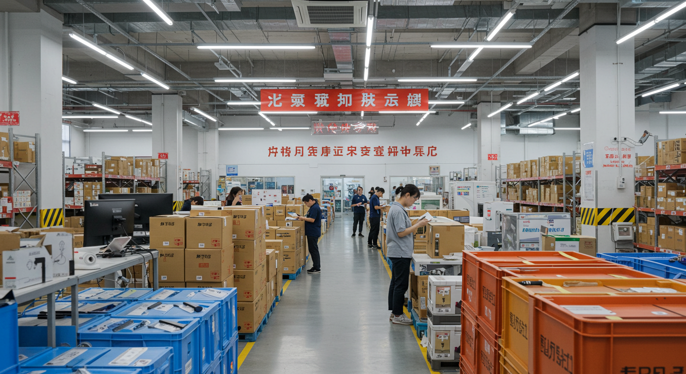 Улица китайского рынка с брендами AliExpress, JD и Tmall на вывесках и упаковке