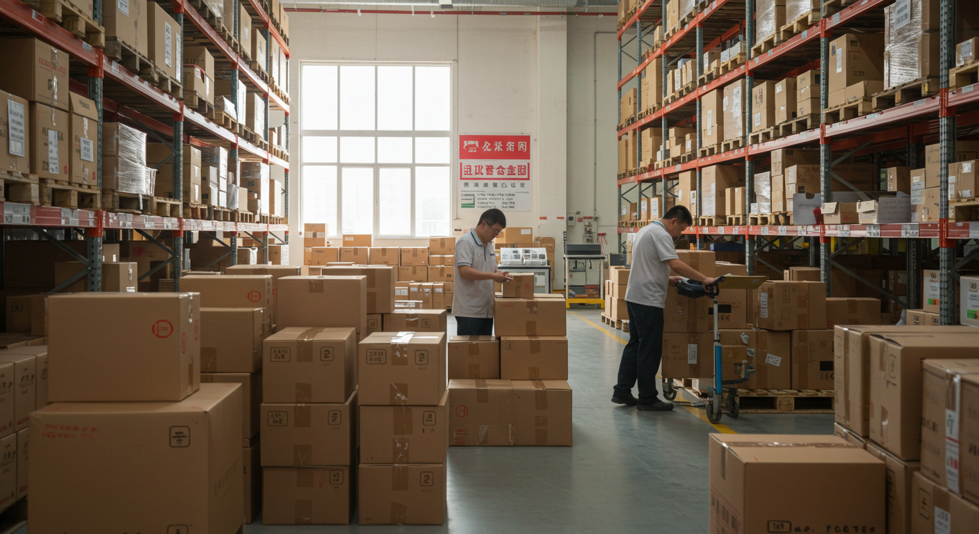 Улица оптового рынка в Гуанчжоу с покупателями и переговорщиками от фабрик