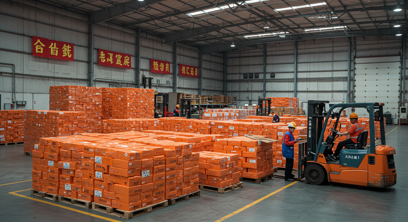 Улица в Китае с магазинами, где продаются товары с 1688 и китайскими баннерами