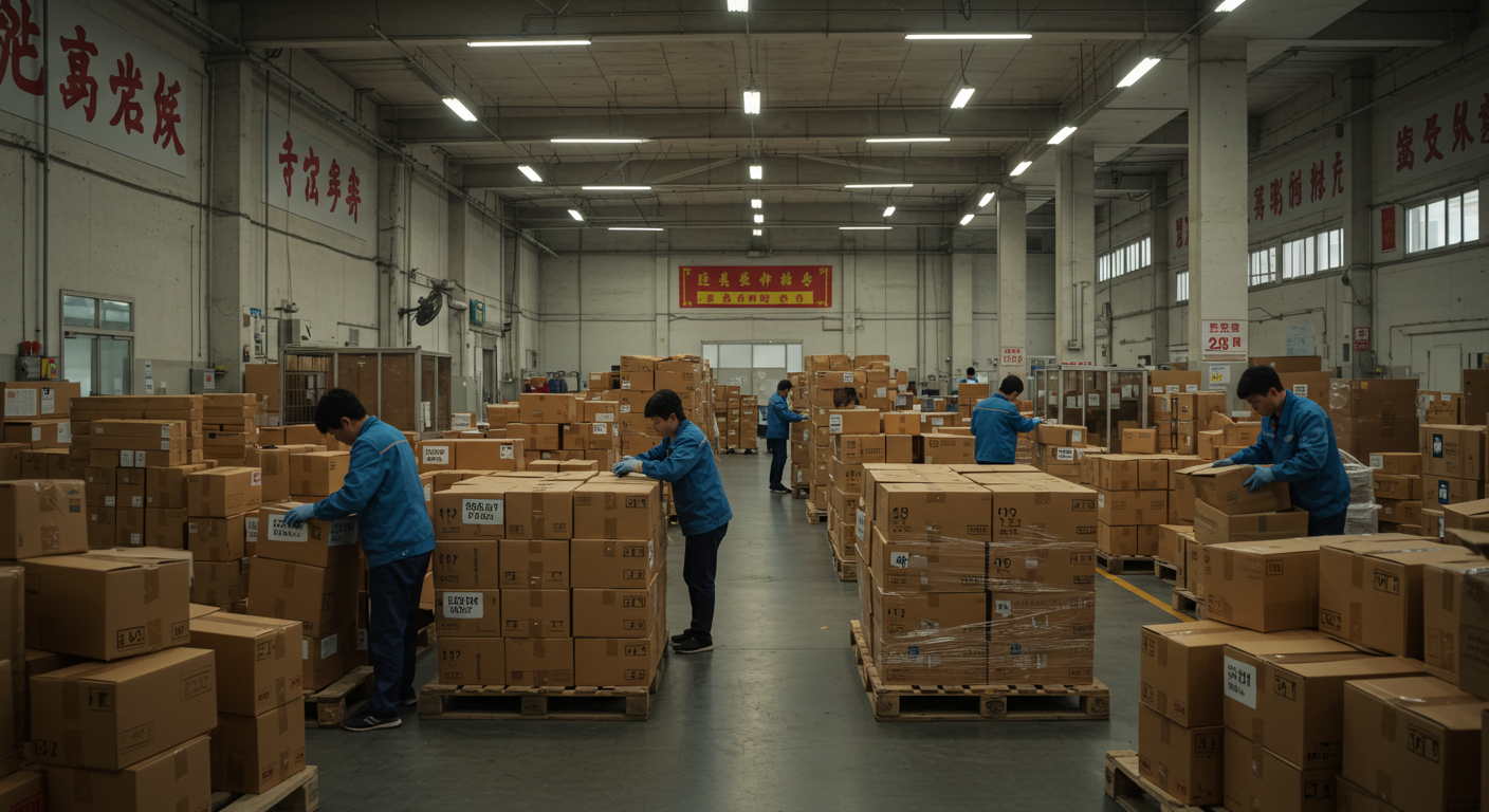 Упакованные товары для экспорта в китайском логистическом центре с RFID и брендированной упаковкой