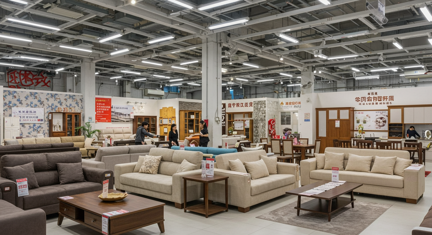 Успешный бизнесмен в гостиничном лобби с образцами мебели и документами для мебельного тура.