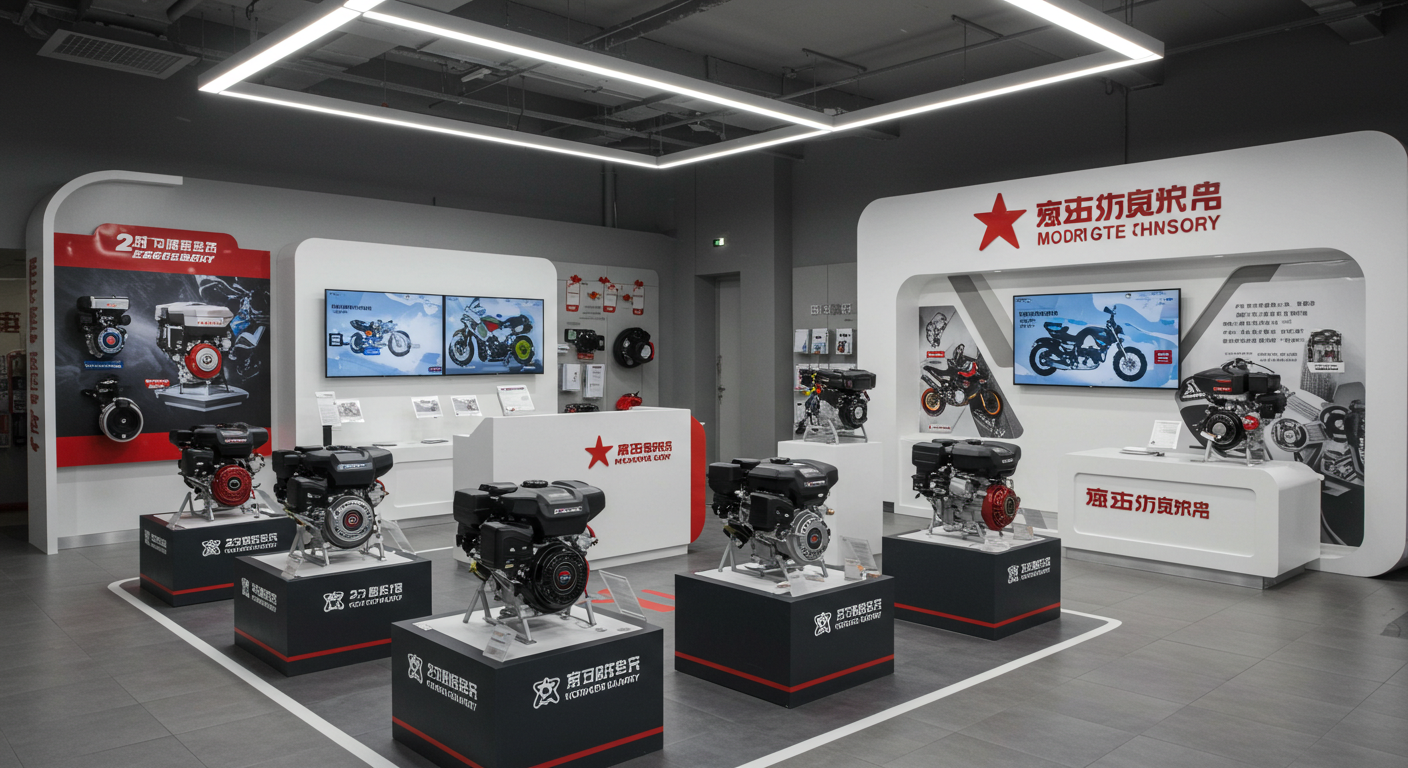 Вид на причал с различными китайскими лодочными моторами, установленными на стенде