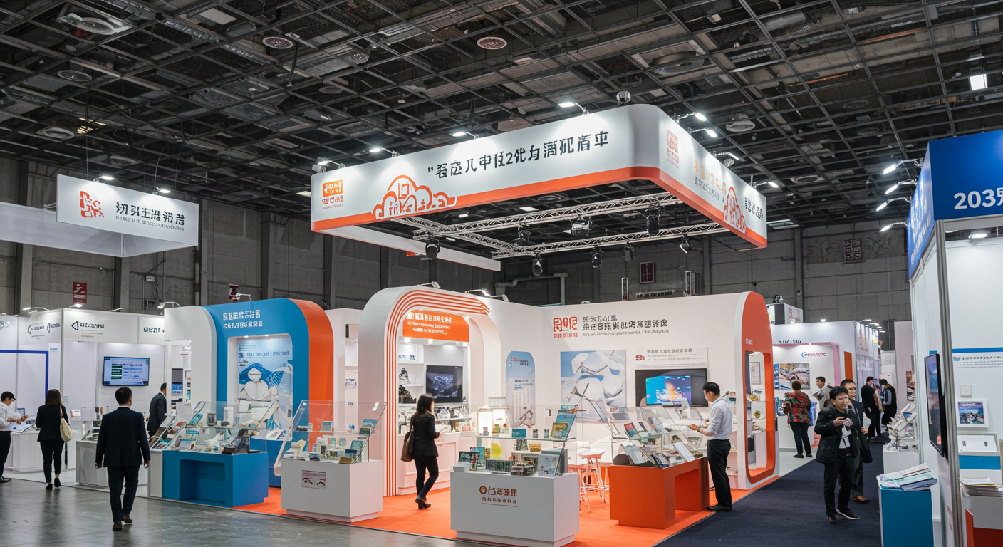 Вход на международную выставку в Китае с участниками и яркими баннерами.