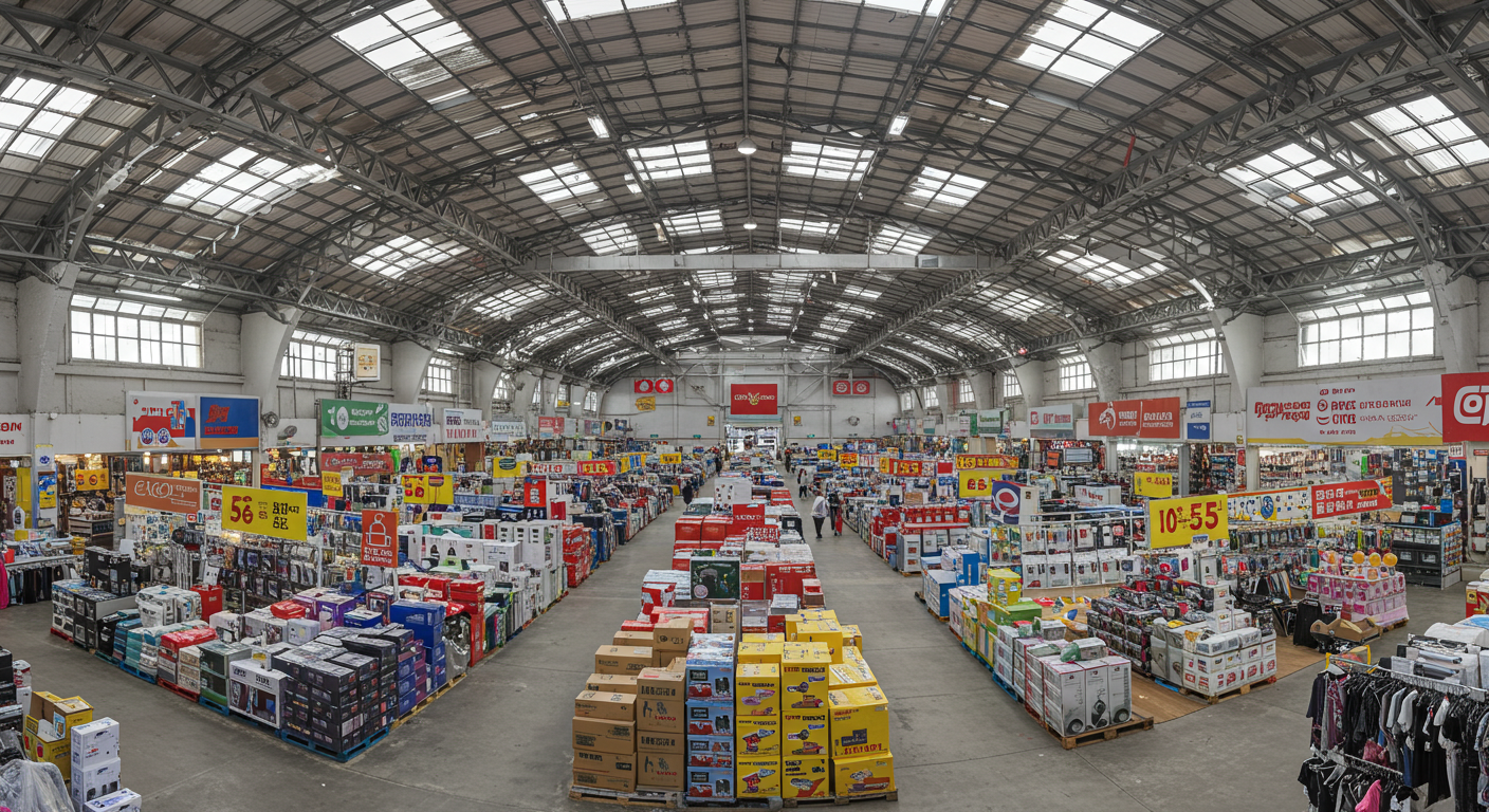 Вход на оптовый рынок в Москве с покупателями и баннерами на китайском и русском языках