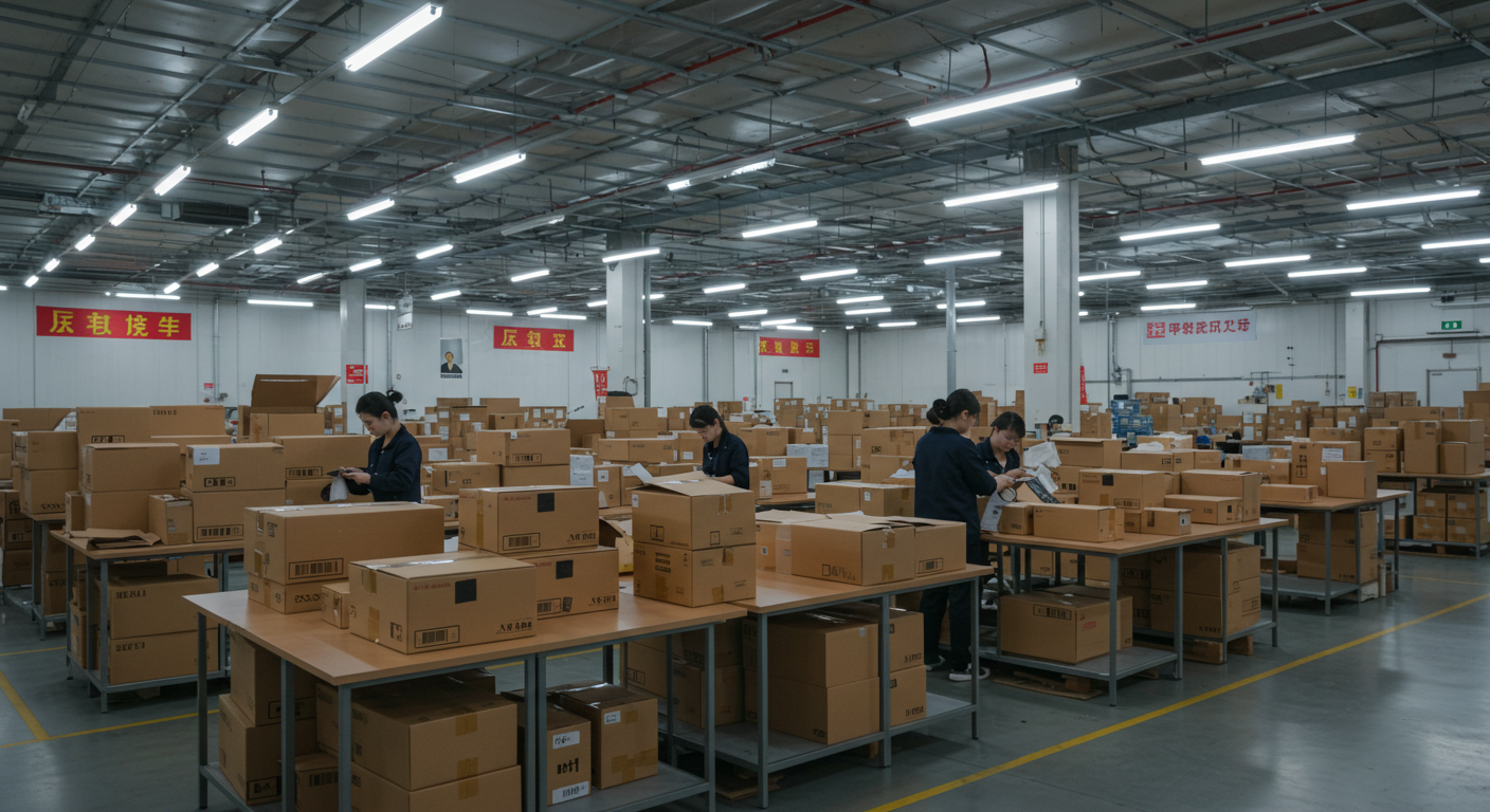 Вход на рынок Садовод в Москве, фургон разгружает коробки с китайскими товарами