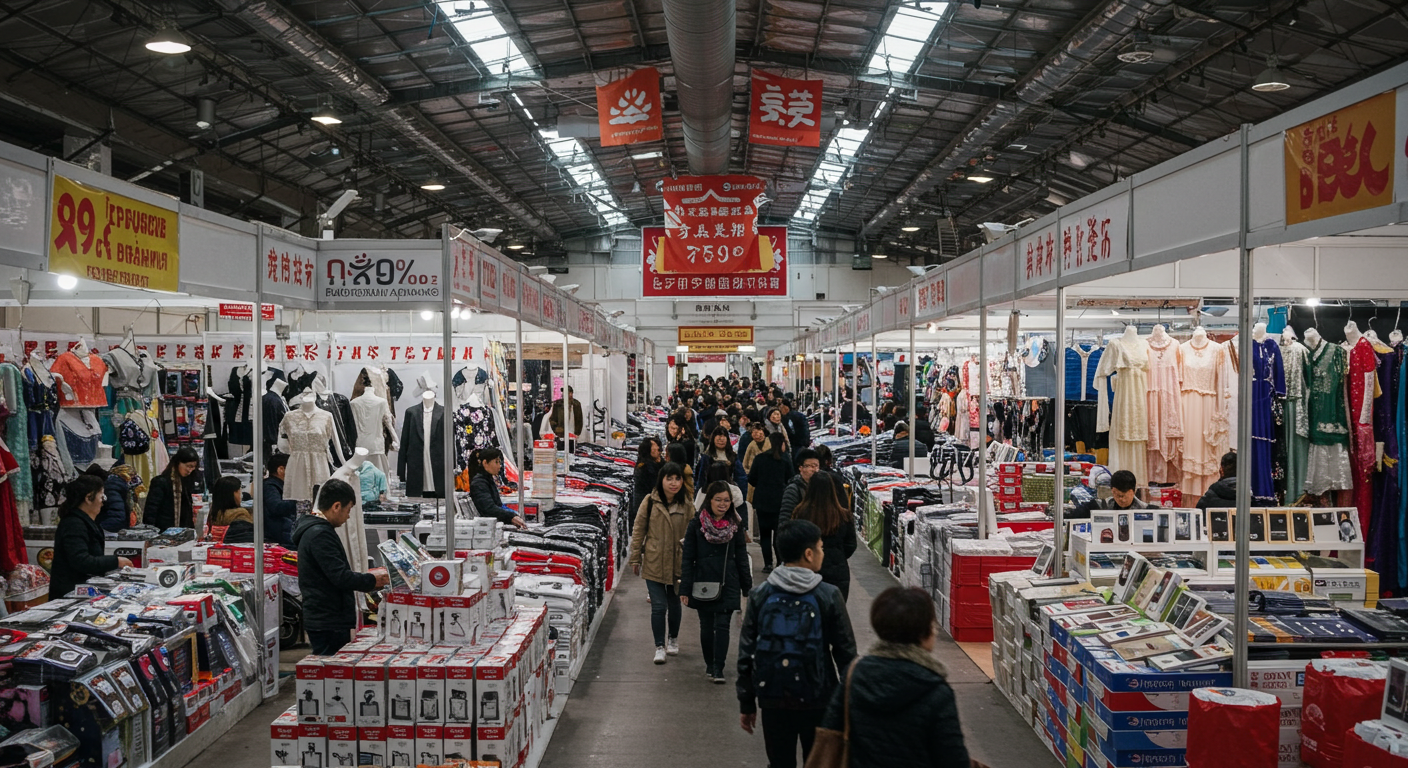 Вход на рынок ТЯК в Москве с толпой покупателей и рекламой на китайском и русском