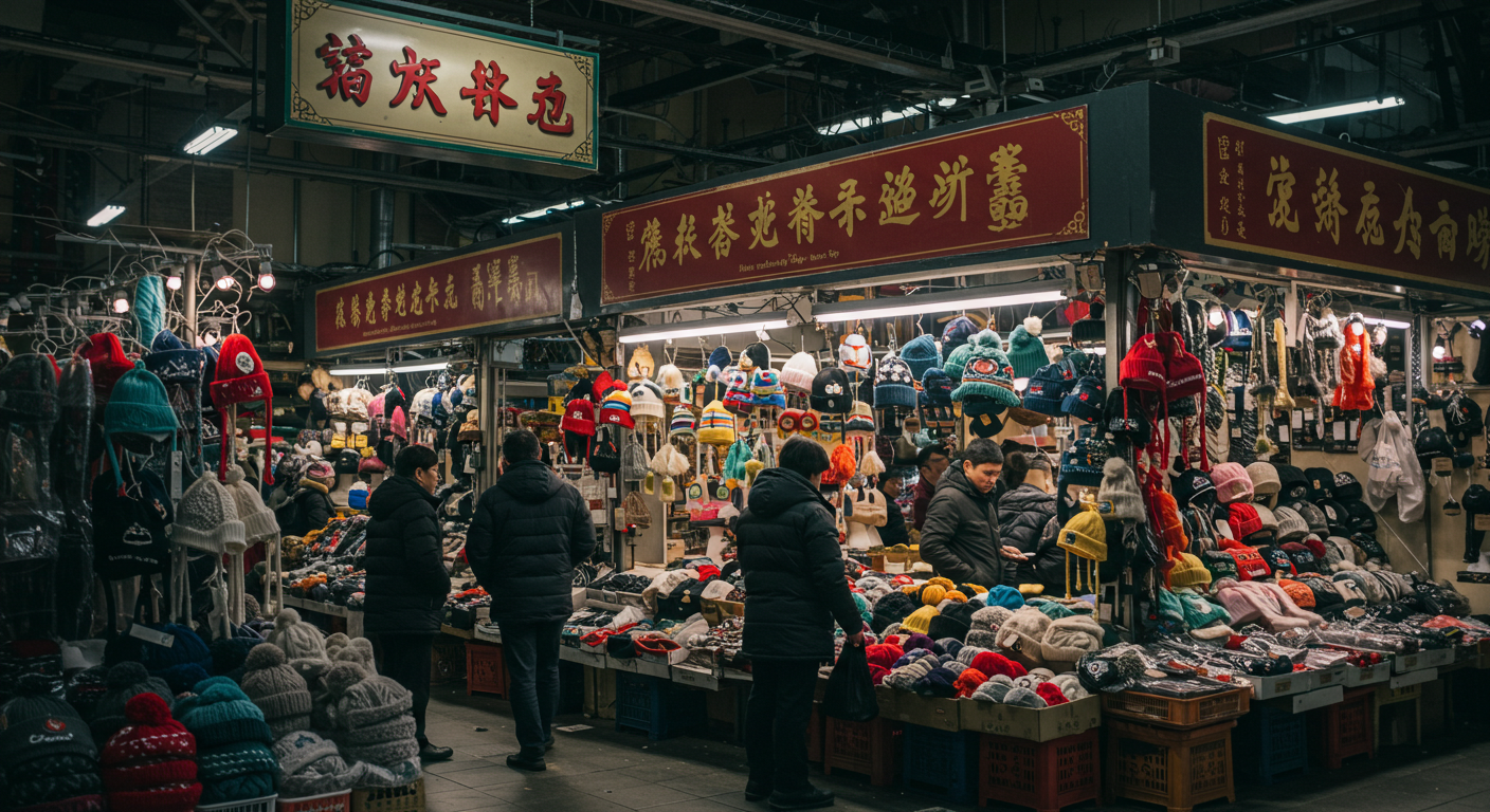Вход в оптовый центр ТЯК с покупателями и китайскими элементами