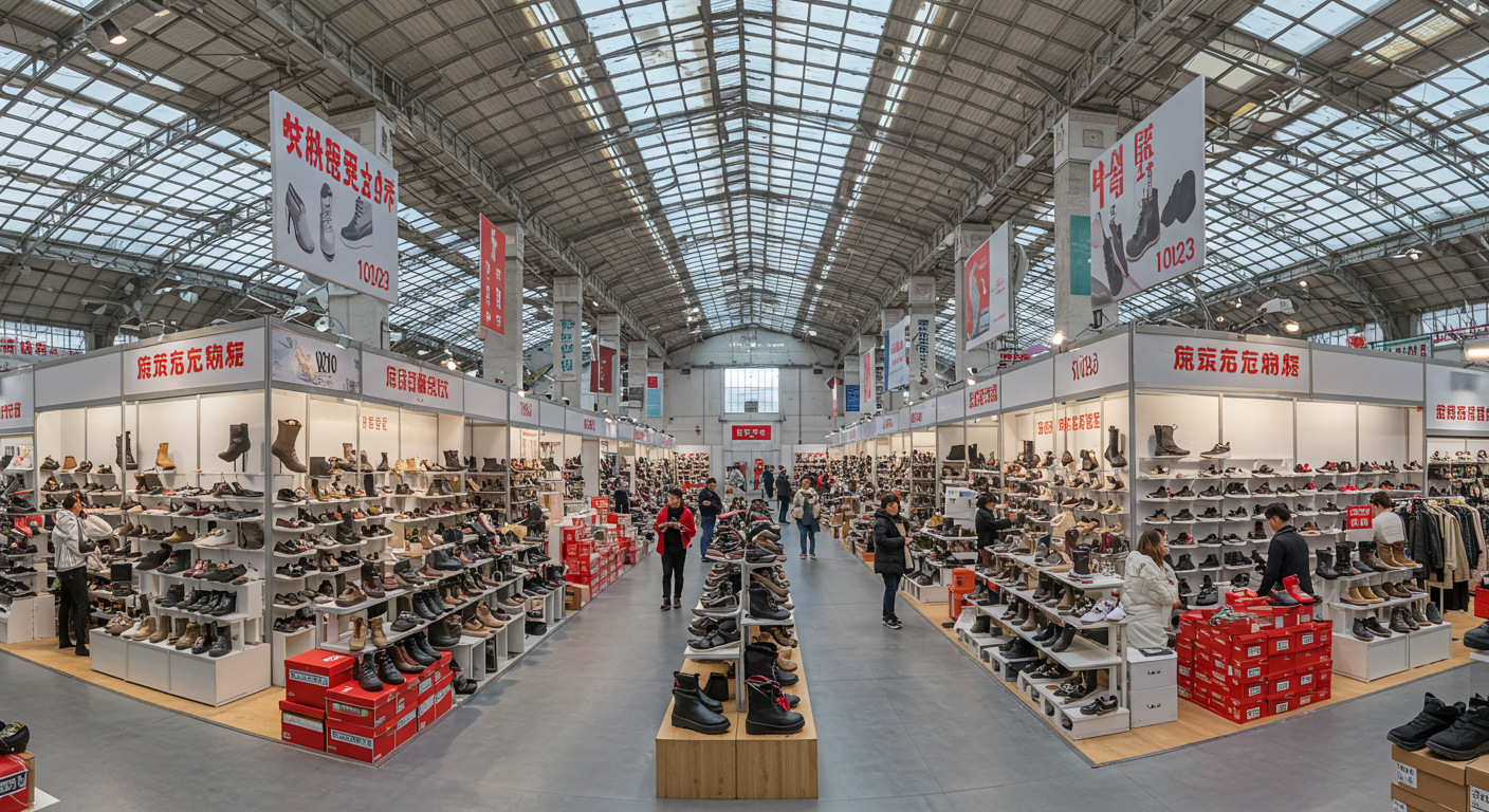 Вход в торговый комплекс ТЯК в Москве с баннерами обуви и покупателями.