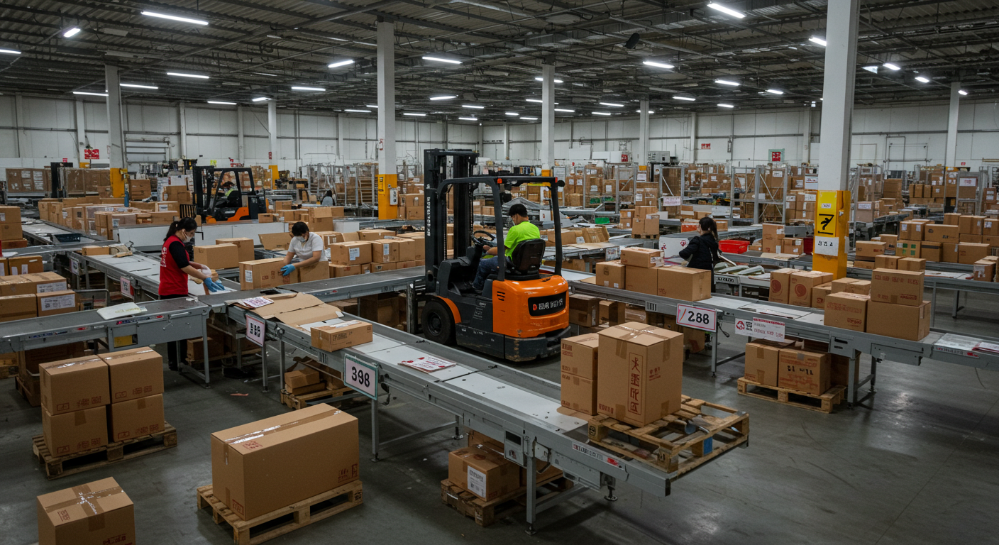 Внешний вид китайского оптового рынка с людьми и знаками Taobao