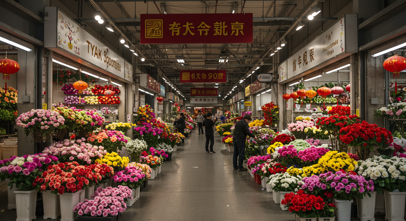 Внешний вид рынка ТЯК Москва с грузовиками и витринами искусственных цветов