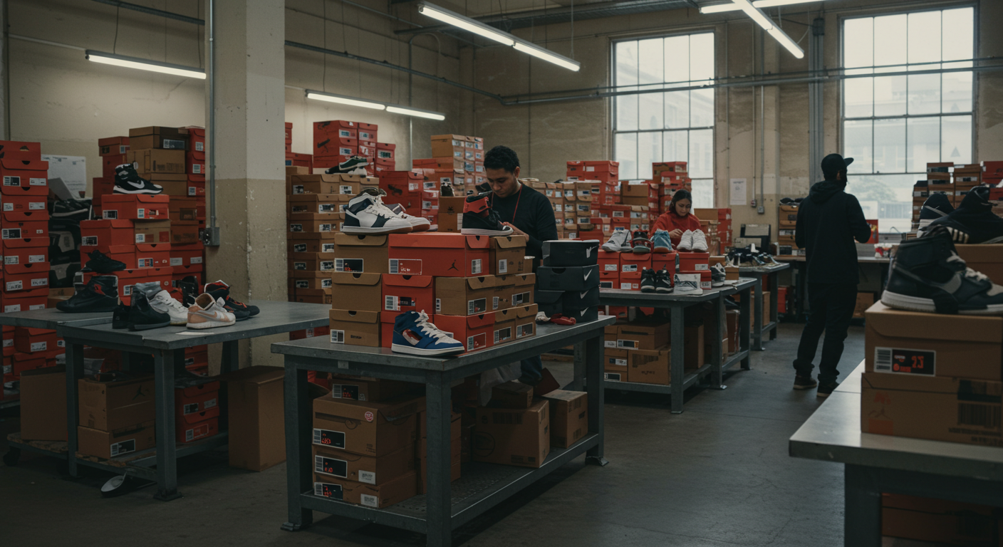 Внешний вид рынка ТЯК в Москве с покупателями кроссовок оптом