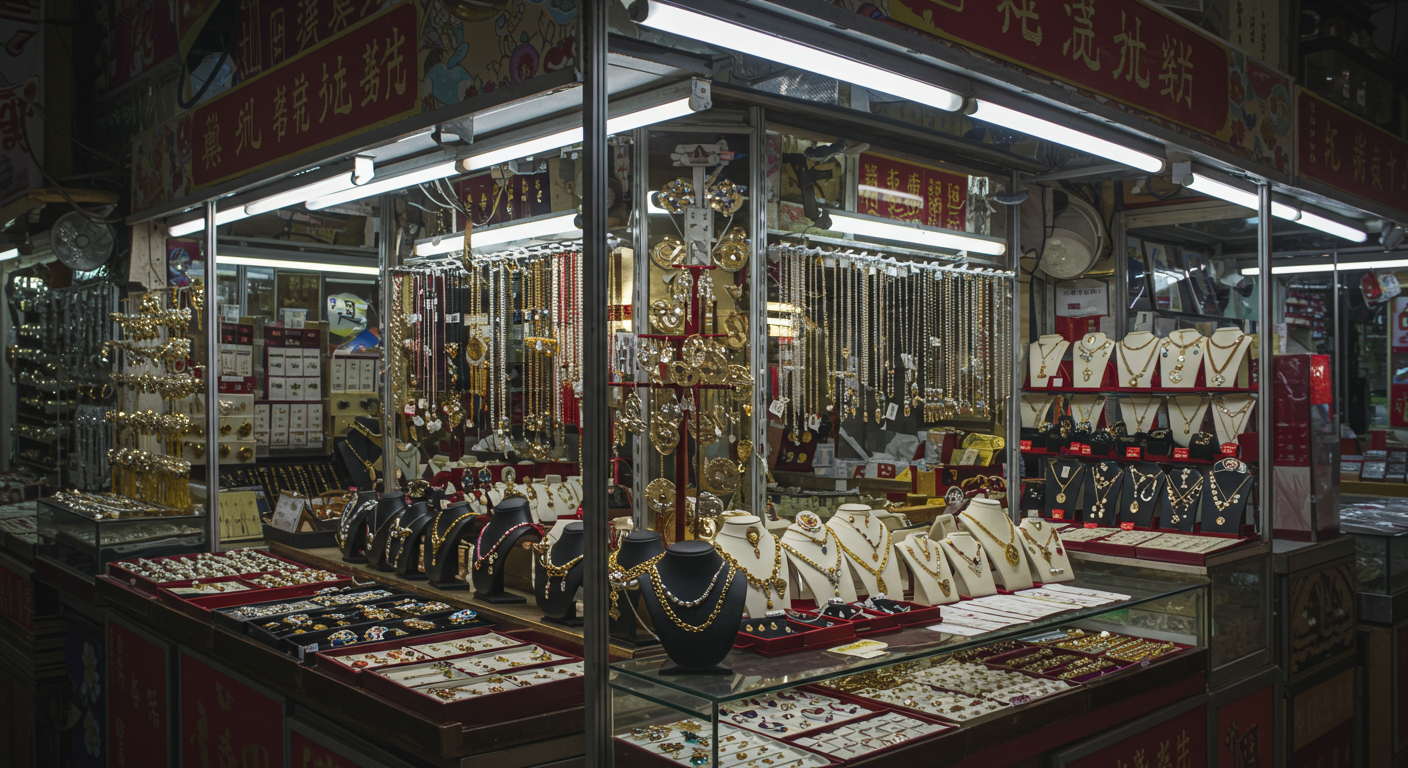 Внешний вид торгового города Иу с фургонами и витринами бижутерии