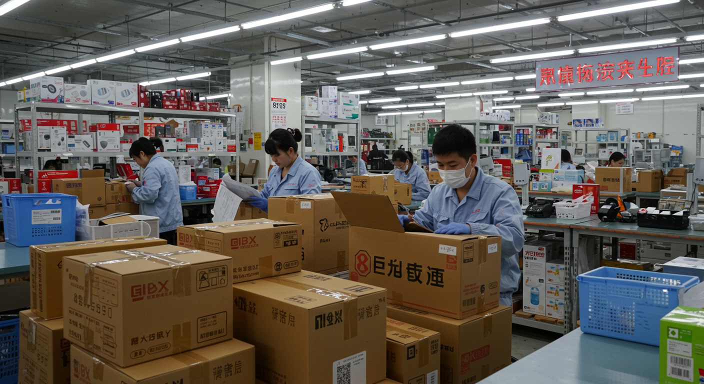 Внутреннее помещение склада в Китае с готовыми к отправке товарами