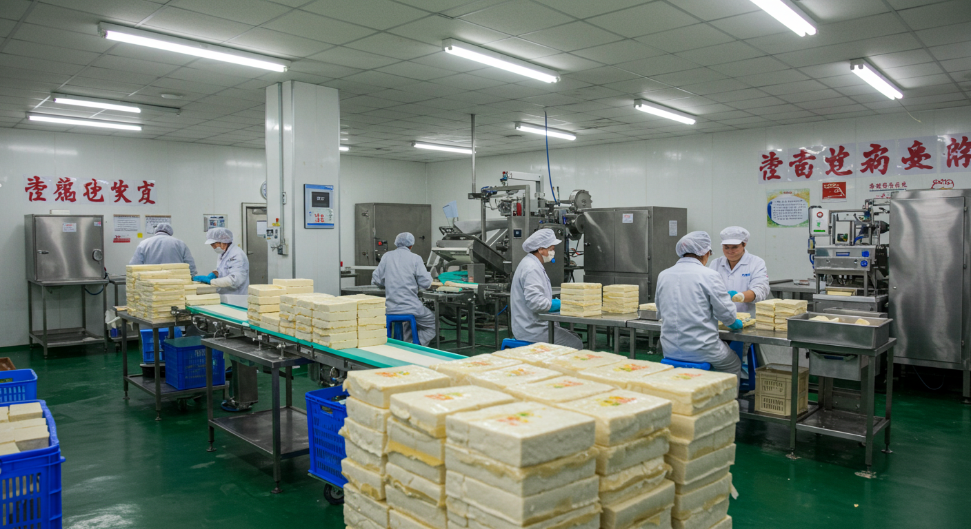 Выставка китайского тофу на рынке с упаковками и ценниками