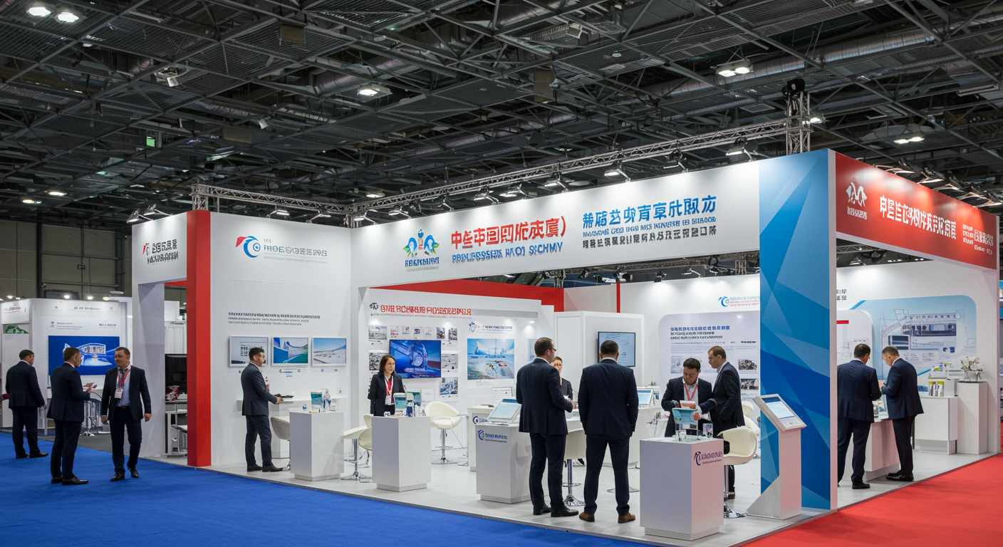 Выставочный зал с делегатами из России и Китая на бизнес-форуме по торговле