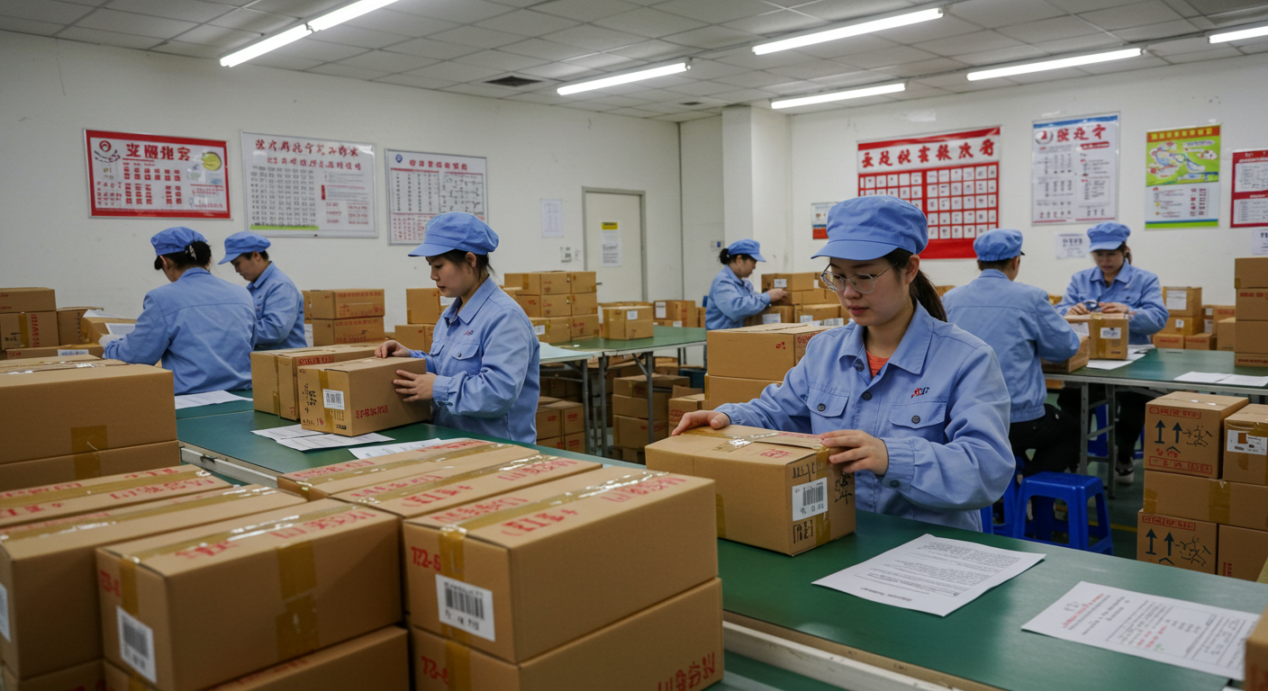 Загруженные грузовики SF Express и JD Logistics в логистическом центре с городским пейзажем