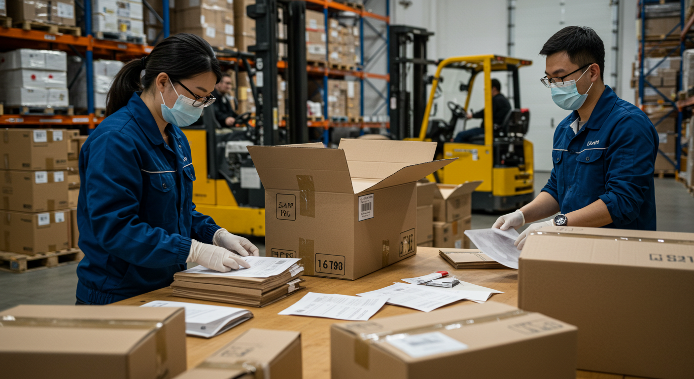 Занятый офис таможни в Китае с агентами и экранами, показывающими HS-коды