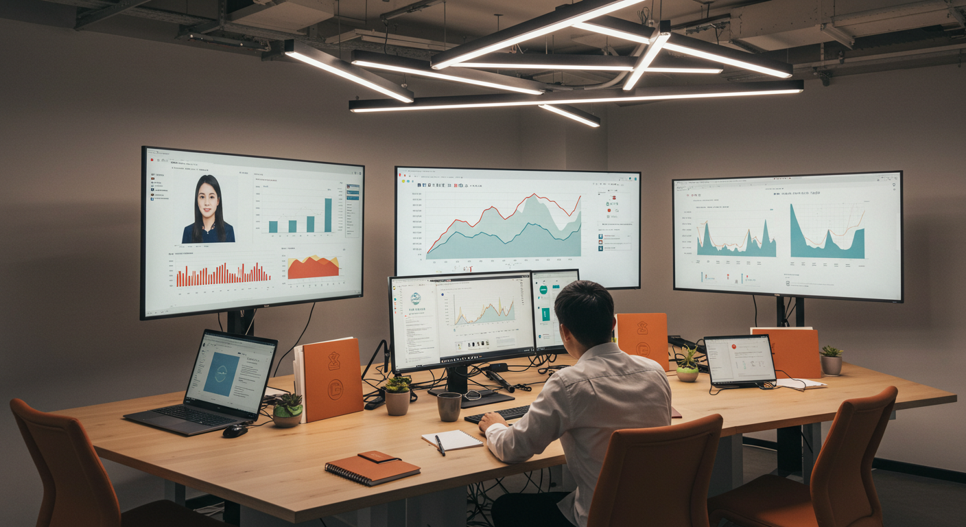 Женщина-KOL ведет эфир в студии с косметическими продуктами и логотипом Douyin