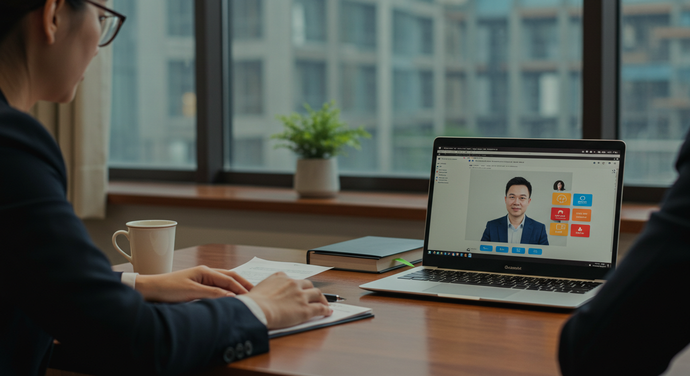 Женщина в логистическом офисе общается с поставщиком через WeChat на компьютере.