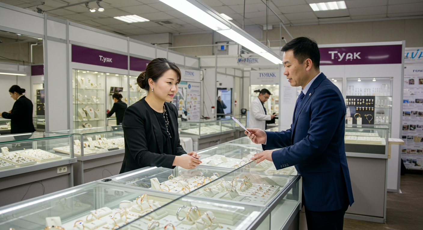 Живой рынок ТЯК в Москве с витринами бижутерии и китайскими надписями