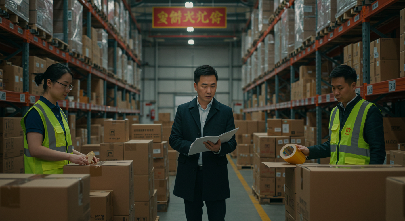 Зона погрузки контейнеров в Китае, рабочие перемещают коробки