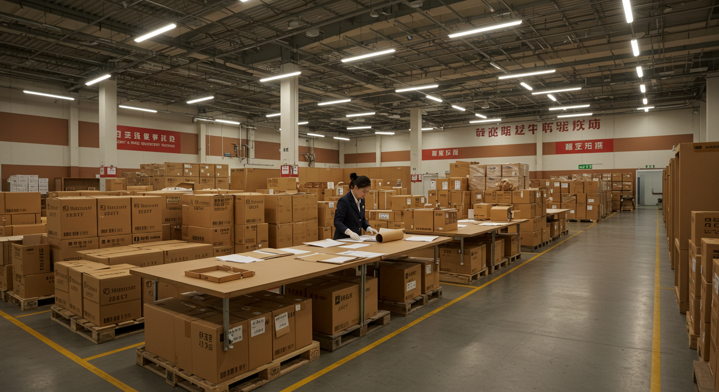 Зона проверки упаковки с образцами товаров и инвойсами в китайском офисе