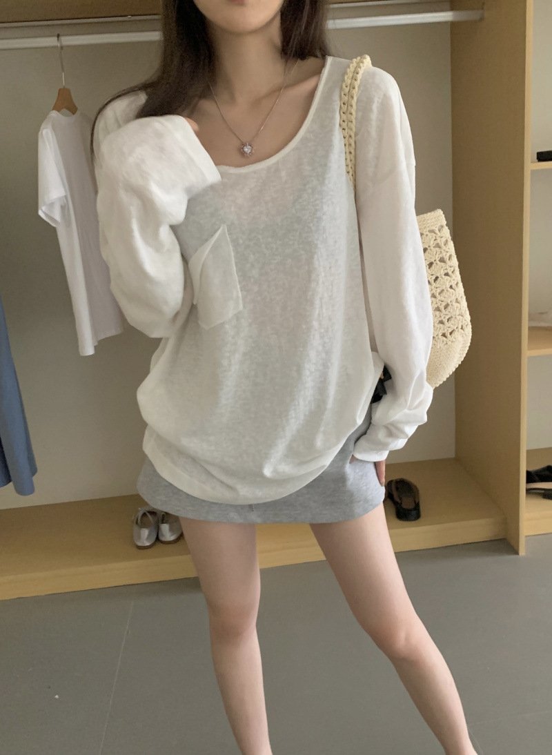 Белая летняя футболка с длинным рукавом и прозрачной тканью оптом