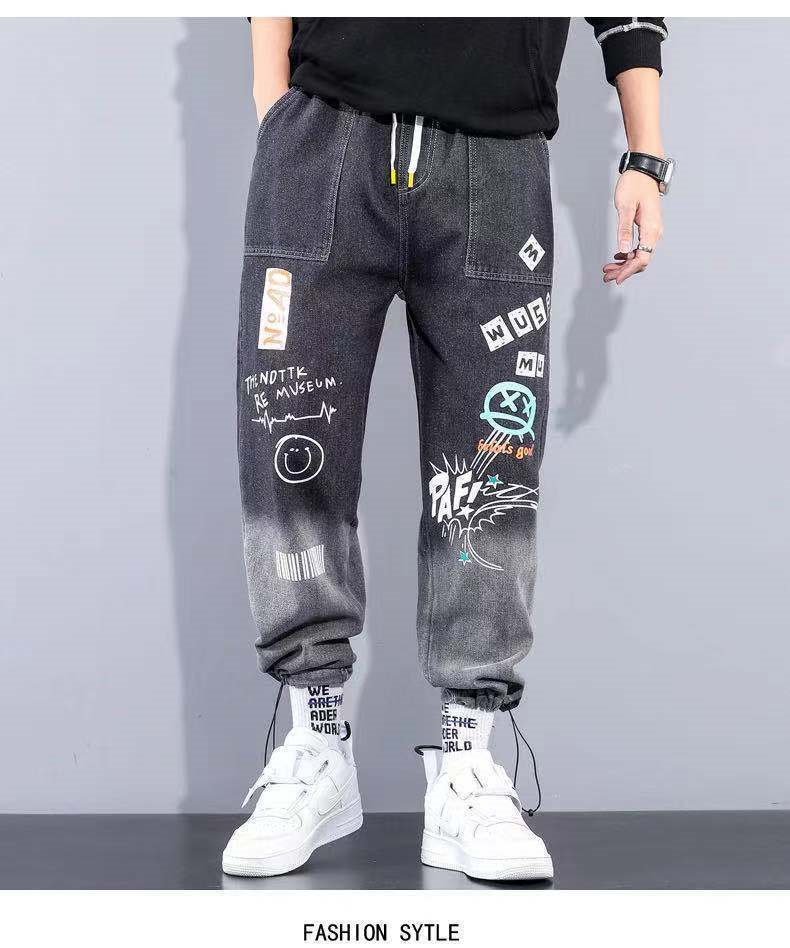 Новые мужские джинсы с принтом и поясом на резинке оптом из Китая