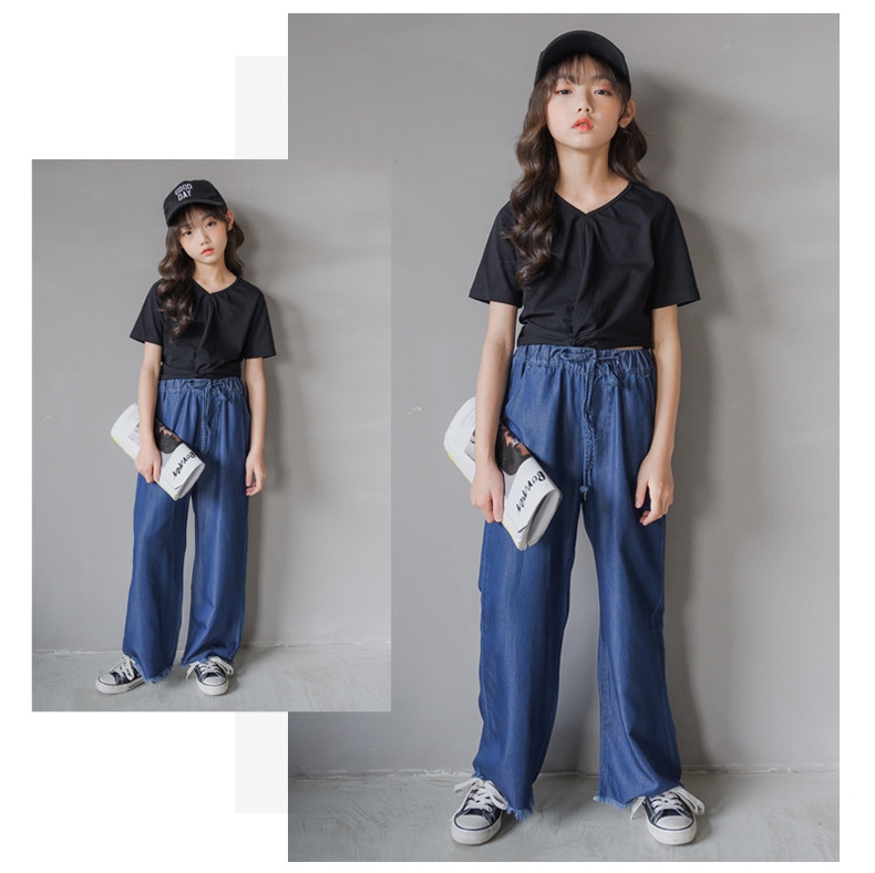 Джинсы для девочек 2021 летняя свободная тонкая шелковая прямая штаны с высокой талией оптом из Китая