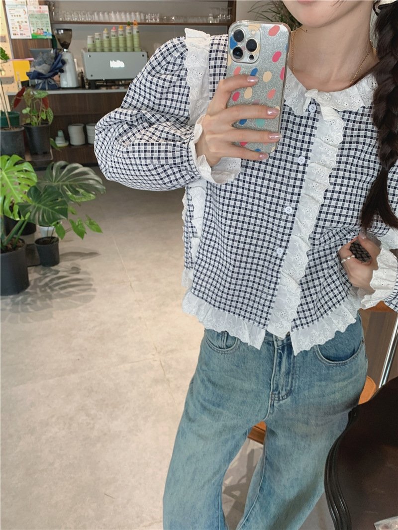 Футболка в клетку с кружевным воротником оптом из Китая