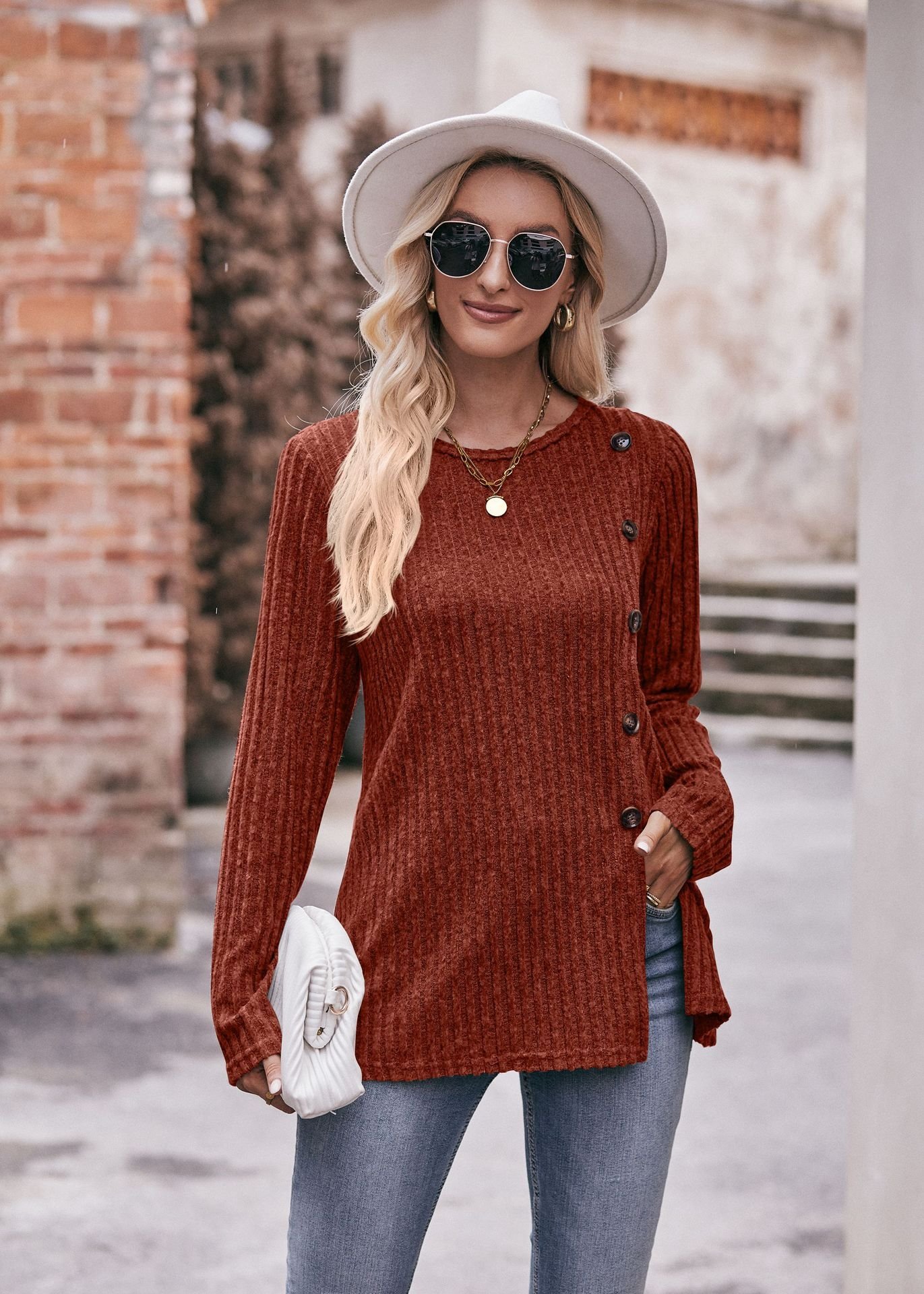 Женская футболка с круглым вырезом и пуговицами оптом из Китая