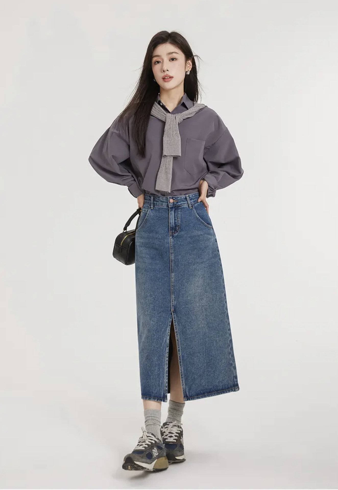 Джинсовая юбка с высокой талией и разрезом в стиле ретро оптом из Китая