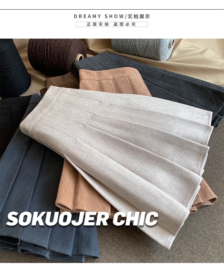 Женская юбка-плиссировка осенне-зимняя новинка из плотной шерсти с высокой посадкой, черного цвета, подчеркивающая стройность, большой размер A-силуэт оптом из Китая