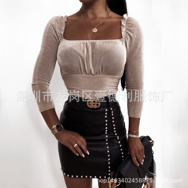 Женская кожаная юбка с разрезом и бисером оптом из Китая