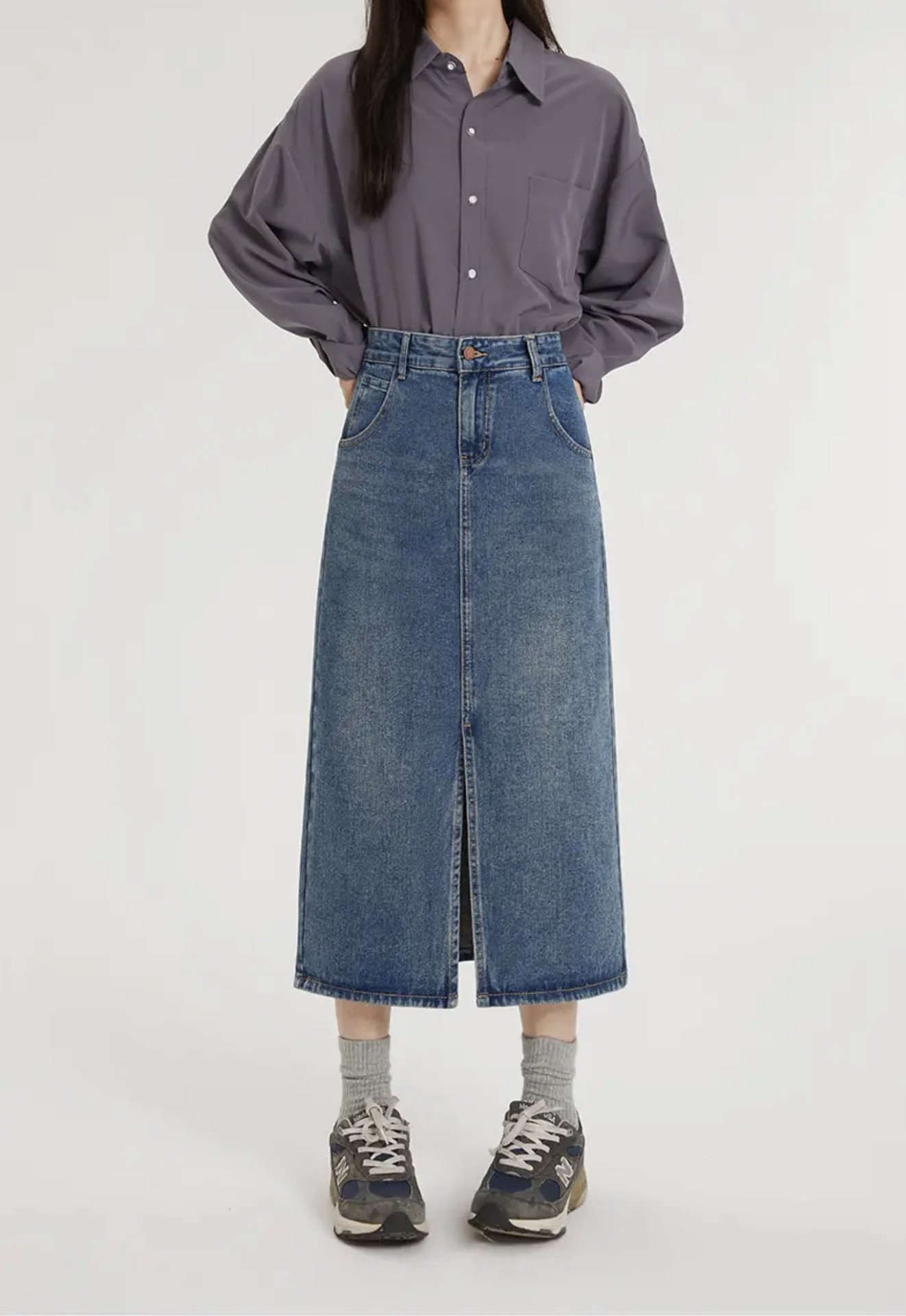 Джинсовая юбка с высокой талией и разрезом в стиле ретро оптом из Китая