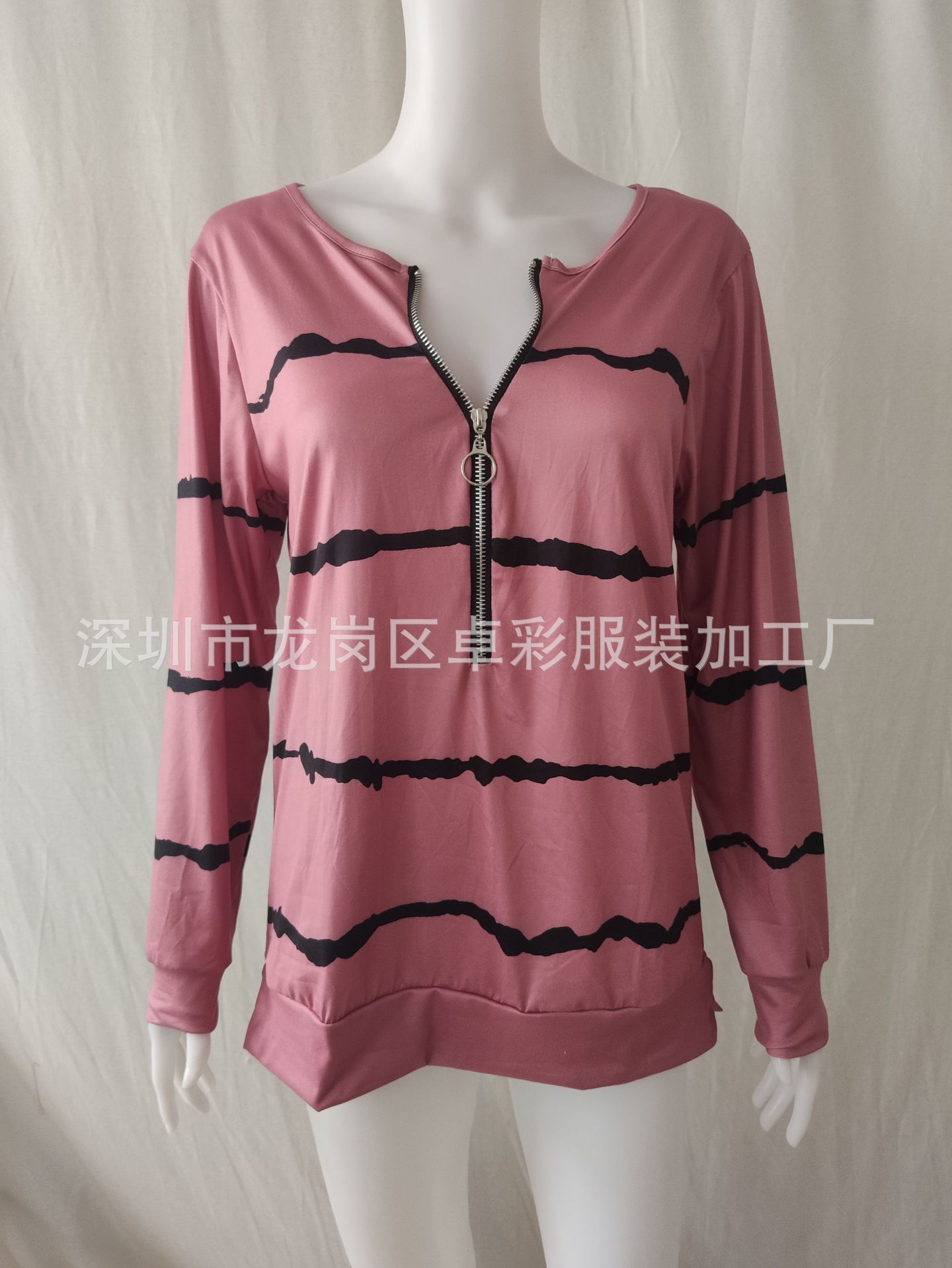 Женская футболка с длинным рукавом в полоску с V-образным вырезом и молнией оптом из Китая