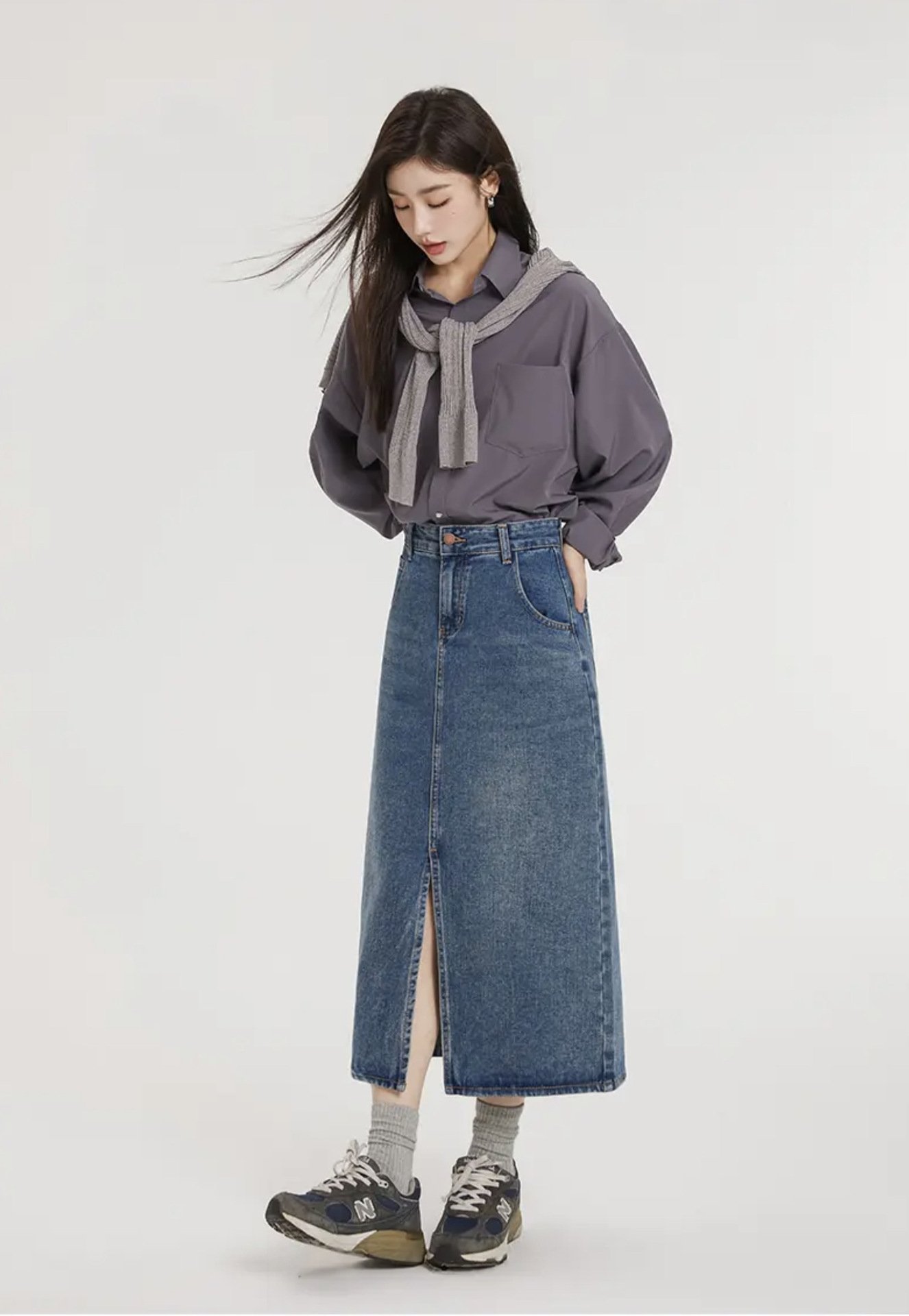 Джинсовая юбка с высокой талией и разрезом в стиле ретро оптом из Китая