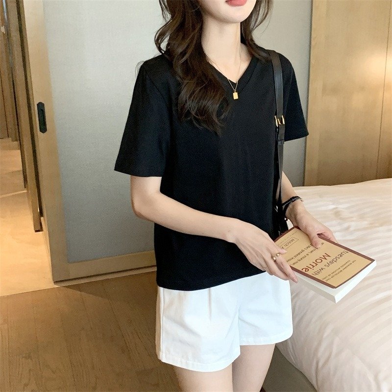 Женская футболка V-образный вырез белая 2024 лето оптом