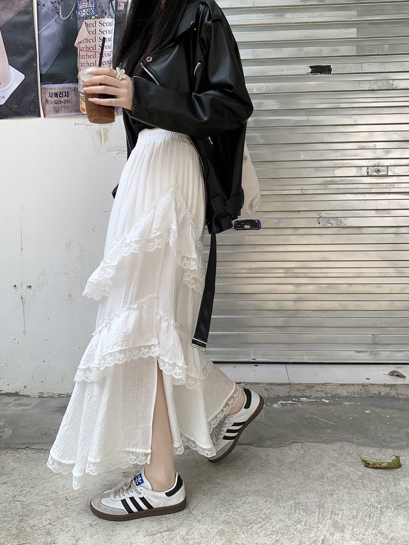 Высокая талия белая асимметричная юбка с кружевными вставками оптом из Китая